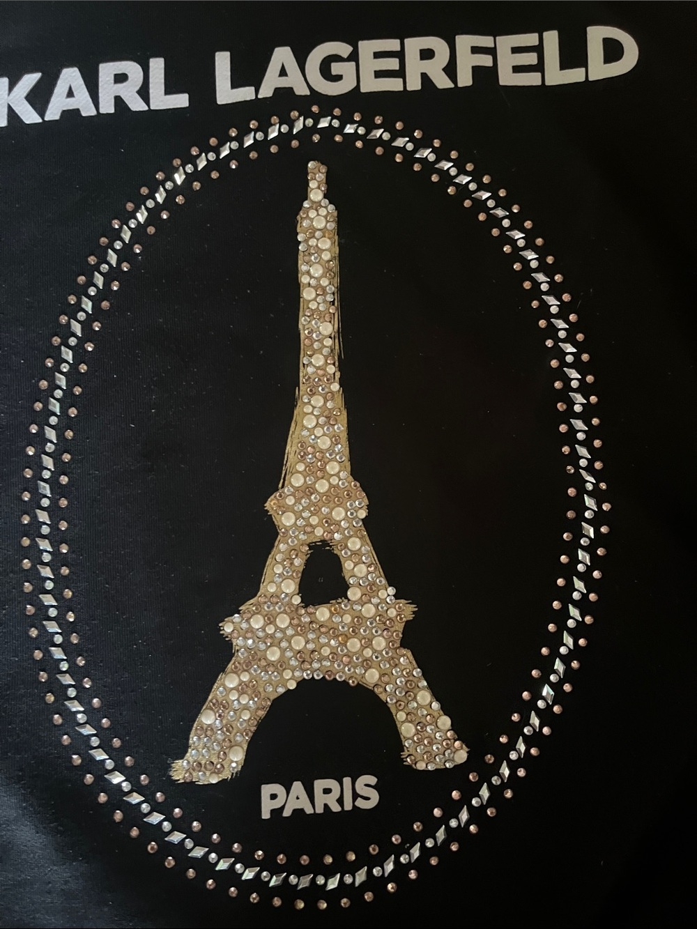Karl Lagerfeld Black Sweatshirt with Gold/Pearl/Rhinestone Eiffel Motif